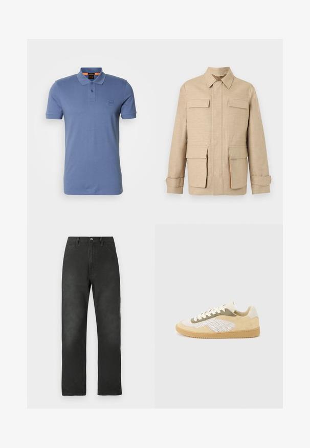 Beige lange mouwen jas met vier klepzakken, een voorrits die verborgen zit achter een stoffen plooi en een klassieke kraag op een effen achtergrond.; Blauwe katoenen poloshirt met een klassieke kraag, een knoopsluiting met twee knopen en een klein logo-embleem op de borst. Korte mouwen en een standaard pasvorm.; Zwarte katoenen canvasbroek met een rechte pijp, voorzakken en een knoopsluiting. Kenmerkt zich door subtiele textuur en stiksel details.; Lage sneaker van beige suède, witte mesh panelen, olijfkleurige accenten, witte veters en een zool van kauwgomrubber op een lichtgrijze achtergrond.