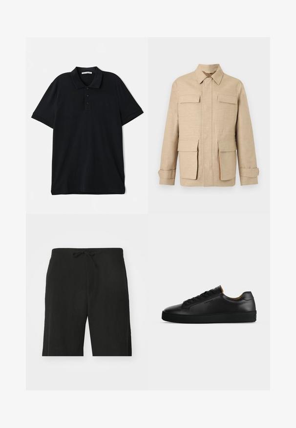 Beige langærmet jakke med fire klaplommer, foran lynlås skjult af stofklap og en klassisk krave på ensfarvet baggrund.; Sort polo shirt lavet af bomuld, med en klassisk krave, tre-knaps lukning, korte ærmer og en diskret logo detaljer på forsiden.; Sorte linnedbukser med snor i taljen, der har en afslappet pasform og et knælangt design. Glat tekstur, simple og klassiske stil.; Sort lavtopet læder-sneaker med sorte snørebånd, tekstureret gummisål og lille præget logo på siden, vist i profil mod grå baggrund.