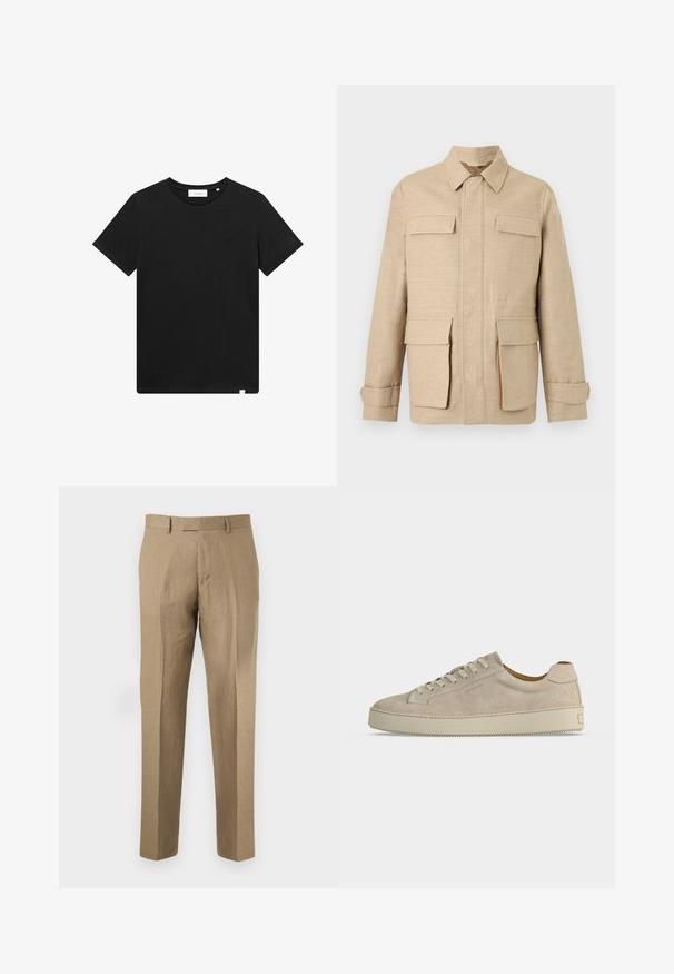 Beige lange mouwen jas met vier klepzakken, een voorrits die verborgen zit achter een stoffen plooi en een klassieke kraag op een effen achtergrond.; Zwarte T-shirt met korte mouwen van katoen, met een ronde hals en een klein logo geborduurd op de borst. Soepele textuur, normale pasvorm.; Beige op maat gemaakte broek met riemlussen, voorkreukels en een rechte pijp op een effen achtergrond.; Beige suède lage sneaker met vetersluiting en dikke rubberen zool, gezien vanaf de zijkant op een effen witte achtergrond.