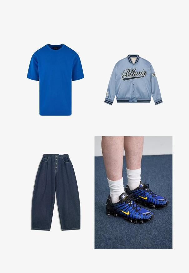 Svetlomodrá saténová varsity bunda s námorníckym pásikavým golierom a manžetami, nápisom "Blkvis" na prednej strane, náplasťou stromu na rukáve a zapínaním na gombíky.; Modrá krátkopaže tričko z bavlny s klasickým okrúhlym výstrihom a voľným strihom. Hladká textúra bez viditeľných vzorov alebo akcentov.; Tmavomodré denimové nohavice s širokými nohavicami a vysokým pásom, zapínanie na päť gombíkov a päť vreciek. Obsahuje prešívanie na švoch.; Modré a čierne atletické topánky majú sieťovanú konštrukciu, žlté akcenty a segmentovanú podrážku. Nosené so bielymi členkovými ponožkami.