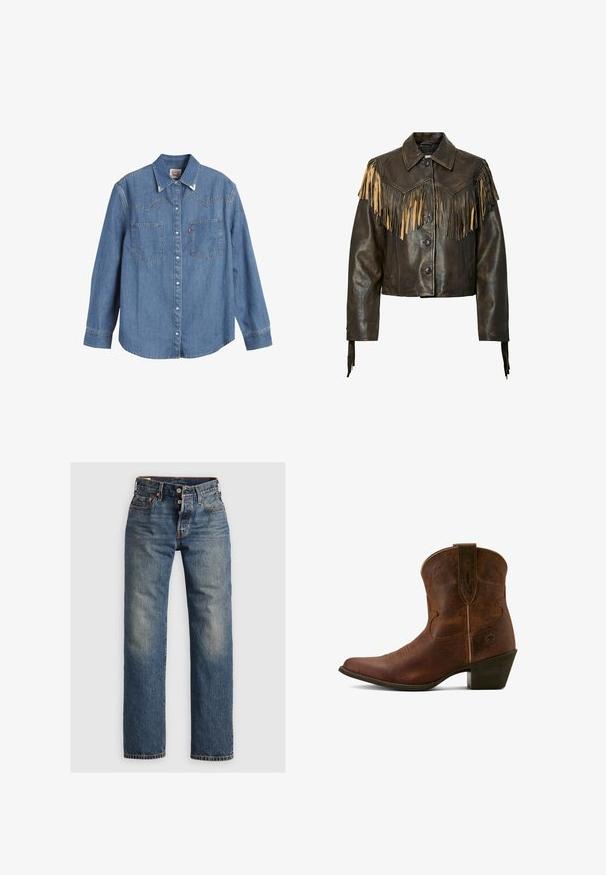 Donkerbruine leren jas met knoopsluiting aan de voorkant, puntige kraag en lichtbruine franjes op de borst, schouders en manchetten.; Lichtblauwe denim overhemden met lange mouwen, puntige kraag, twee borstzakken en contrasterende stiksels. Heeft een westers stijl yoke ontwerp.; Blauwe spijkerbroek met een recht model, voorzien van zichtbare stiksels, een ritssluiting en vijf zakken. Vervaagde gedeelten bieden textuur.; Ariat MAGGIE - Cowboy-/Bikerlaarsjes - sassy brown