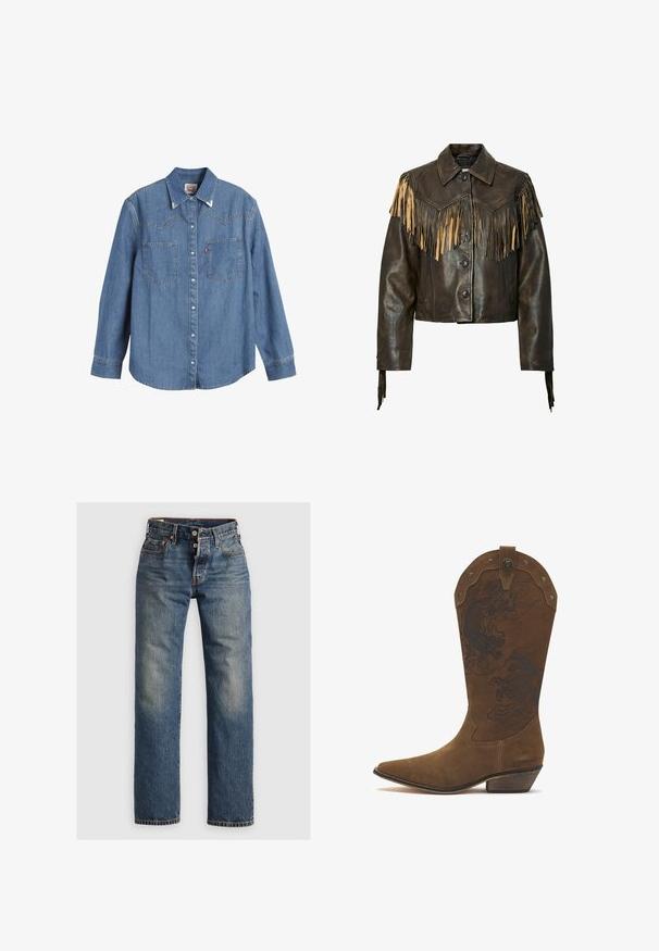 Chaqueta de cuero marrón oscuro con cierre de botones, cuello puntiagudo y detalles de flecos marrón claro en el pecho, los hombros y los puños.; Camisa de mezclilla azul clara con mangas largas, cuello puntiagudo, dos bolsillos en el pecho y costuras en contraste. Presenta un diseño de canesú de estilo occidental.; Jeans de mezclilla azul con un diseño de pierna recta, que presentan costuras visibles, cremallera y cinco bolsillos. Las áreas desgastadas añaden textura.; Bota de vaquero de ante marrón con punta puntiaguda, tacón bajo apilado, patrón decorativo de dragón negro y caballo, y detalles de remaches en el borde superior.