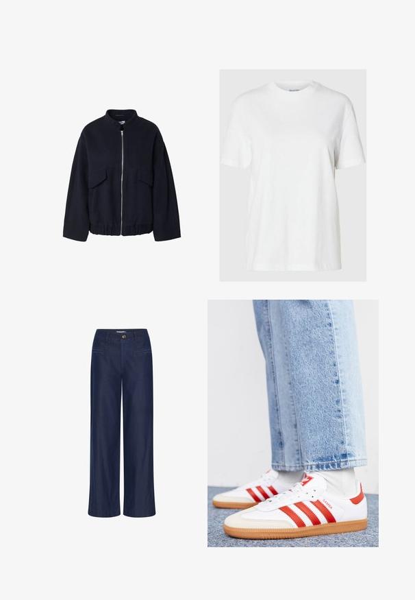 Veste en polaire bleu marine avec un col montant, une fermeture éclair frontale et deux grandes poches à patch sur la poitrine. Ourlet élastiqué pour un meilleur ajustement.; T-shirt en coton blanc avec des manches courtes et un col rond. Présente une coupe décontractée et un design minimal sans motifs ni accents.; ICHI IHFlared - Jean flare - dark blue; Baskets en cuir blanc avec des rayures et des accents rouges. Dotées d'une semelle extérieure en gomme texturée et d'un col rembourré. Portées avec un jean en denim bleu clair.