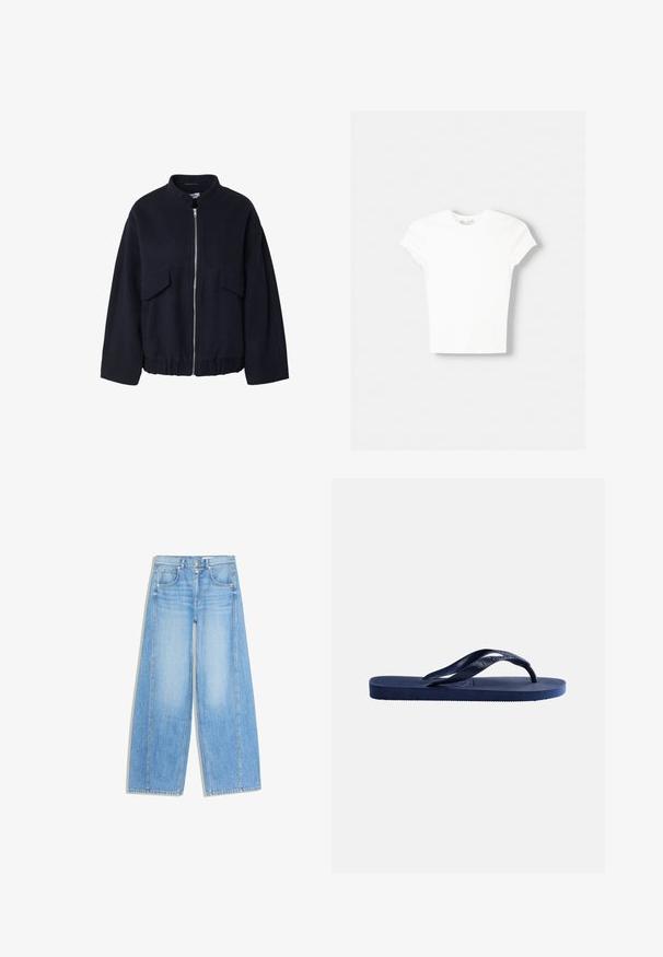Marineblauwe fleecetrui met een hoge kraag, ritssluiting aan de voorkant en twee grote opgestikte zakken op de borst. Elastische zoom voor een goede pasvorm.; Witte t-shirt met korte mouwen van zachte katoen, met een ronde halslijn en een getailleerde vorm. Geen zichtbare patronen of versieringen.; Lichtblauwe denim jeans met wijde pijpen, voorzakken, riemlussen, dubbele knoopsluiting en zichtbare stiksels langs de pijpen.; Donkerblauwe rubberen teenslipper met een gestructureerde zool en een Y-vormige band op een effen lichte achtergrond.