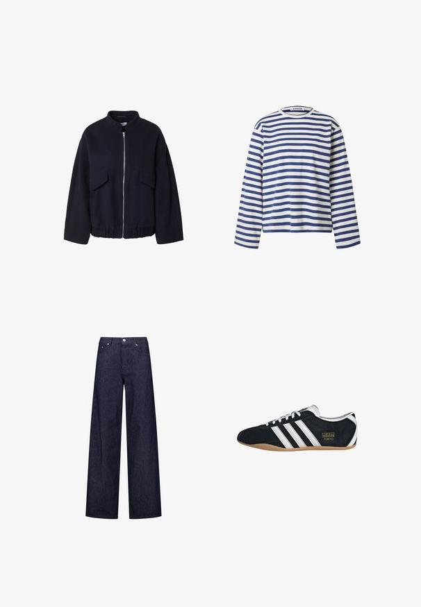 Marineblauwe fleecetrui met een hoge kraag, ritssluiting aan de voorkant en twee grote opgestikte zakken op de borst. Elastische zoom voor een goede pasvorm.; EDITED VERLEE - Longsleeve - weiß blau; Brede denim broek met een donkerblauw en wit verticaal gestreept patroon, voorzien van twee voorzakken en een klassieke knoopsluiting.; Zwarte suède sneaker met witte drie strepen, gouden logo en een bruine rubberen zool. Heeft een laag profiel vetersluiting ontwerp.