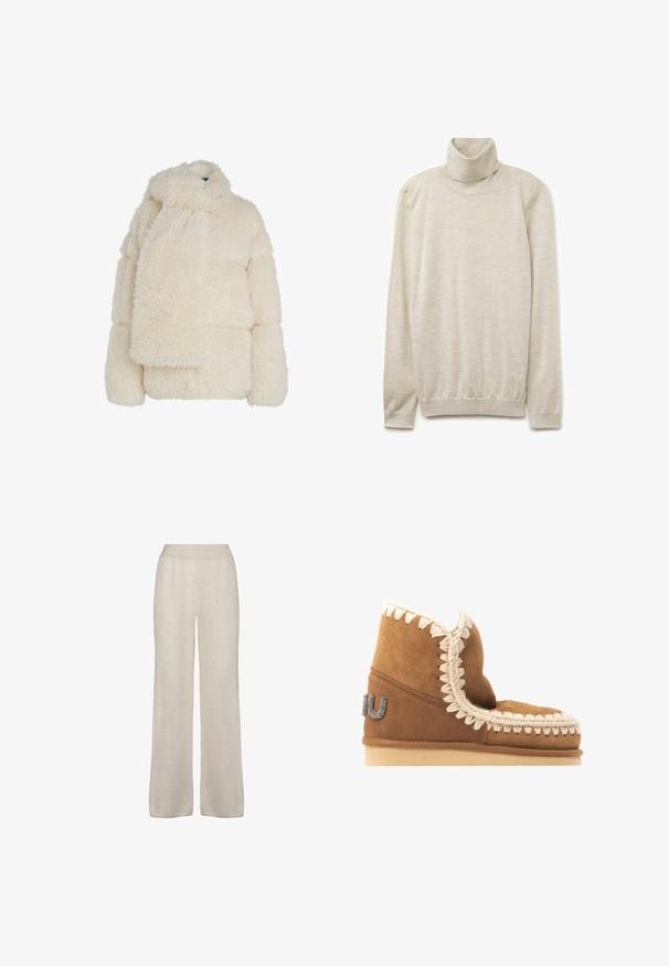 Veste en fausse fourrure couleur crème avec un col haut, design matelassé et longue écharpe assortie. Matériau texturé et doux avec une forme carrée.; Pull en col roulé beige en tissu doux, avec un col haut, des manches longues et un ourlet côtelé. Texture lisse avec des variations subtiles.; Pantalons à jambe large en tissu beige clair et doux. Présentent une texture lisse avec une taille élastique et un design simple, sans embellissements.; Bottine en daim marron avec une couture décorative crème le long du bord supérieur et un détail de logo métallique sur le côté extérieur. Semelle plate.