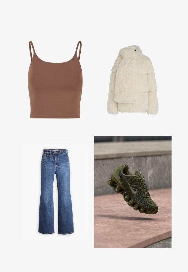 Veste en fausse fourrure couleur crème avec un col haut, design matelassé et longue écharpe assortie. Matériau texturé et doux avec une forme carrée.; Crop top marron en tissu lisse avec des bretelles fines et réglables. Présente un col rond et une silhouette ajustée.; Jean en denim bleu taille haute avec une coupe large, équipé d'une poche avant, d'une fermeture à bouton en laiton et de surpiqûres contrastantes.; Baskets Nike en vert olive, dotées d'une tige en mesh avec panneaux texturés, semelle rembourrée et amorti Air visible pour le confort.