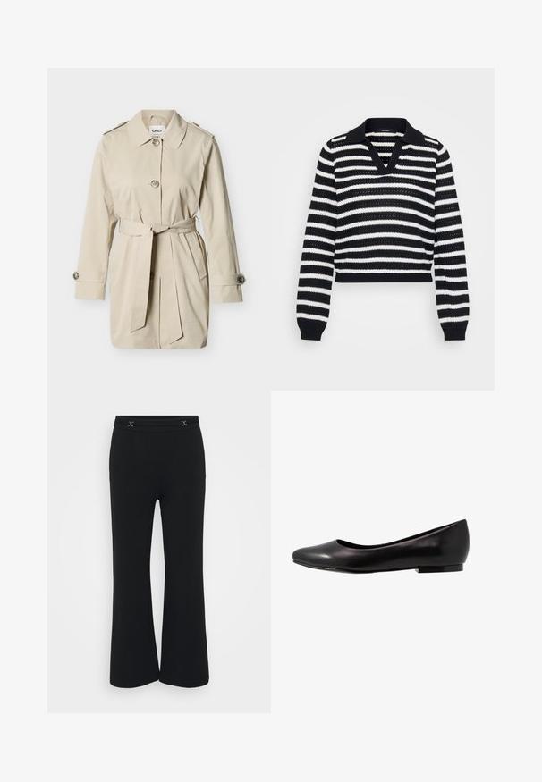Trench-coat beige mi-long avec col, trois boutons, ceinture nouée à la taille, poignets boutonnés et épaulettes.; Pull tricot rayé noir et blanc à manches longues, col en V, avec poignets et ourlet côtelés.; Pantalons noirs évasés en tissu doux avec une taille plate présentant deux accents décoratifs en argent à l’avant, texture lisse et sans poches.; Ballerine noire en cuir verni avec un bout arrondi et une semelle basse et plate. Sa texture est lisse avec un design simple et épuré.