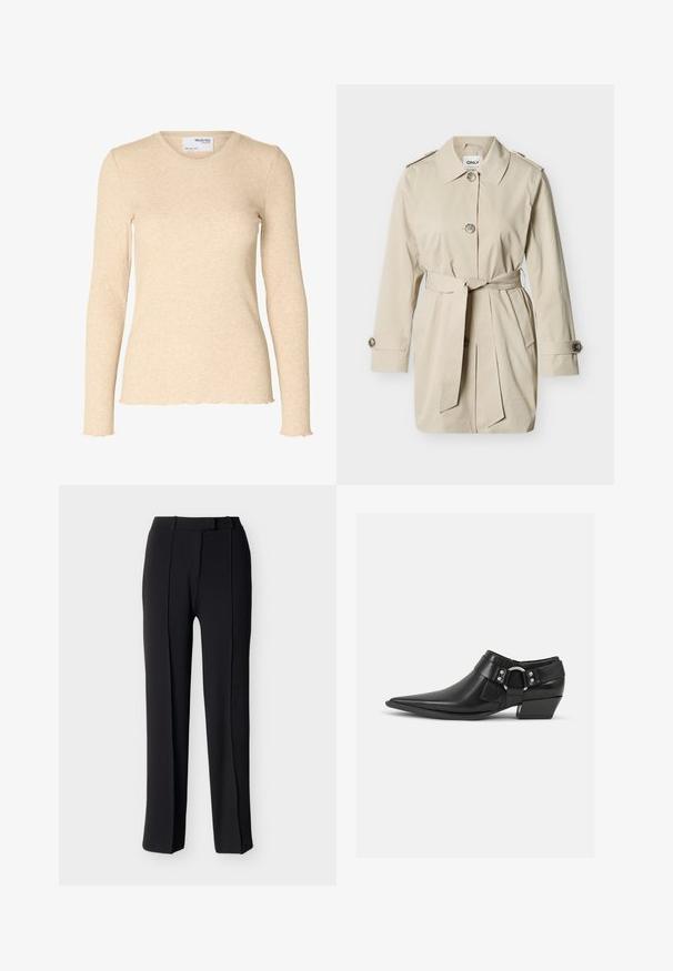Beige trenchcoat van gemiddelde lengte met kraag, drie knopen, ceintuur gebonden in de taille, knoopmanchetten en schouderepauletten.; Beige geribbelde gebreide top met lange mouwen, ronde halslijn en subtiele golvende randen aan manchetten en zoom.; Zwarte rechte broek met een gladde stof, voorzien van twee plooien aan de voorkant, een vlakke voorkant en een standaard tailleband met lussen voor een riem.; Zwarte leren enkellaarzen met een spitse neus, voorzien van een leren band aan de voorkant en een zilveren gesp detail, en een lage, blokhak.