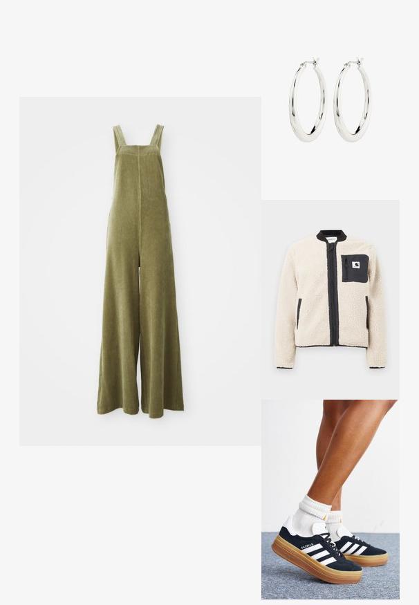 Beige fleecjas met een zwarte rits en zak. Beschikt over een zachte textuur, een geribde kraag en elastische manchetten. Inclusief een logo-opdruk op de borst.; Olijfgroene corduroy tuinbroeken met brede pijpen, verstelbare bandjes en een gestructureerd oppervlak. Eenvoudig ontwerp, geen zichtbare patronen of hardware.; Ben met witte sokken en zwarte Adidas Gazelle sneakers met witte strepen en dikke bruine zolen op een grijs tapijt.; Zilveren oorbellen in de vorm van een gladde, glanzende ring. Circulaire vorm, voorzien van een veilige sluiting. Eenvoudig en elegant ontwerp.