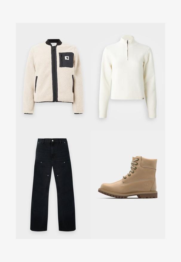 Beige Fleece-Jacke mit einem schwarzen Reißverschluss und Tasche. Sie verfügt über eine weiche Textur, einen gerippten Kragen und elastische Ärmelbündchen. Mit einem Logo-Patch auf der Brust.; Weißer Sweater mit Reißverschluss am Hals und langen Ärmeln. Aus weichem Strickmaterial gefertigt, mit gerippten Bündchen und Saum. Dezentes Markenlogo am Saum.; Schwarze Jeans mit weitem Bein und hohem Bund, ausgestattet mit dezenten Nähten, zwei Vordertaschen und Metallbeschlägen.; Beige Leder Stiefeletten mit runder Spitze, beigen Schnürsenkeln und robuster Sohle. Mit Seitennähten und einem runden Logo an der Ferse.