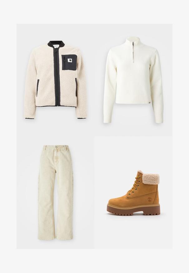 Beige fleecejakke med sort lynlås og lomme. Har en blød tekstur, ribbet krave og elastiske manchetter. Inkluderer en logo-patch på brystet.; Hvid, sweater med lynlås ved halsen og lange ærmer. Lavet af et blødt strikmateriale, med ribbede manchetter og kant. Diskret mærke-logo ved kanten.; Beige bredde denim bukser med høj talje, der har en frontknap og lynlås, bæltesløjfer og sidelommer. Blød tekstur.; Tan ruskindsstøvle med en kunstig pelskrave, gyldne øjer og en kontrasterende gummisål. Har et logo på siden og struktureret sål.