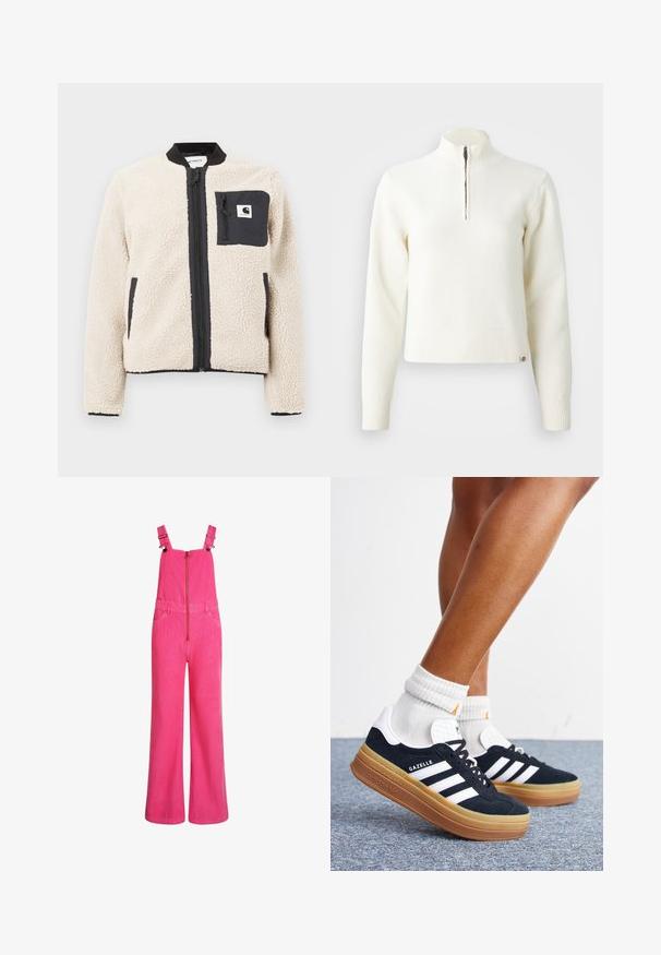 Veste en polaire beige avec une fermeture éclair et une poche noires. Présente une texture douce, un col côtelé et des poignets élastiques. Comprend un patch logo sur la poitrine.; Pull-over blanc à col zippé et manches longues. Fabriqué en matériau tricoté doux, avec des poignets et un ourlet côtelés. Logo de la marque subtil à l'ourlet.; Salopette en velours côtelé rose vif à jambes larges avec bretelles réglables, fermeture éclair frontale et poches latérales, présentée sur un fond blanc.; Jambes portant des chaussettes blanches et des baskets Adidas Gazelle noires avec des bandes blanches et des semelles épaisses marron sur un sol recouvert de moquette grise.