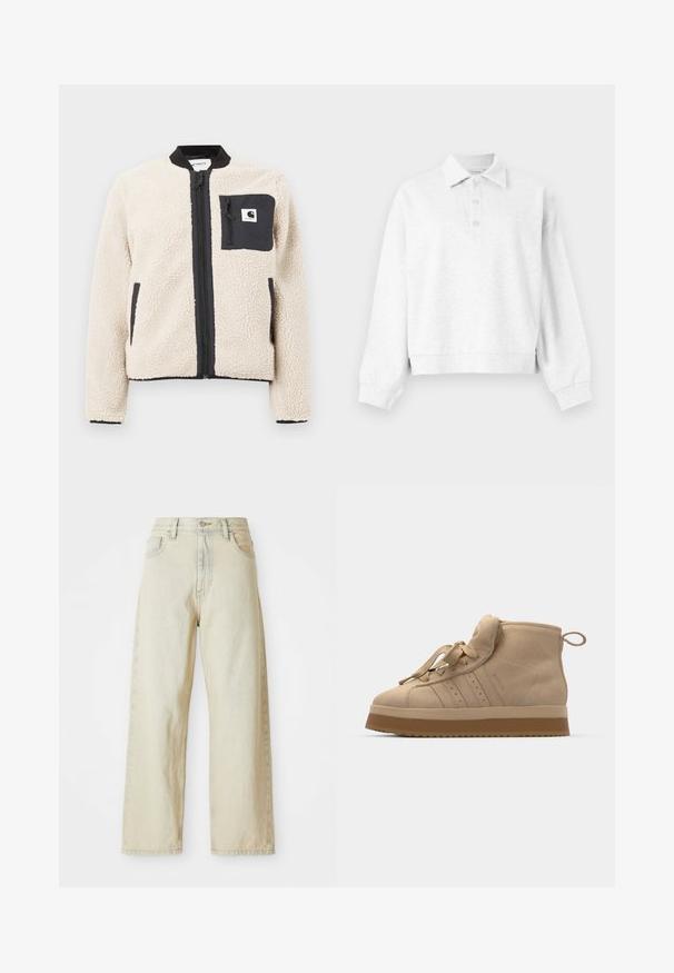 Chaqueta de forro polar beige con cremallera y bolsillo negros. Presenta una textura suave, cuello acanalado y puños elásticos. Incluye un parche con el logotipo en el pecho.; Jersey de manga larga color gris claro con cuello y tres botones en la tapeta, puños acanalados y un dobladillo ligeramente cropado.; Jeans de denim de pierna ancha en un tono beige claro, con bolsillos frontales, una cintura alta y sutiles detalles de costura. Hechos de una tela de denim texturizada.; Zapatillas altas de ante beige con suela de goma gruesa, que cuentan con una lengüeta plegable, puntera redondeada y cordones decorativos.