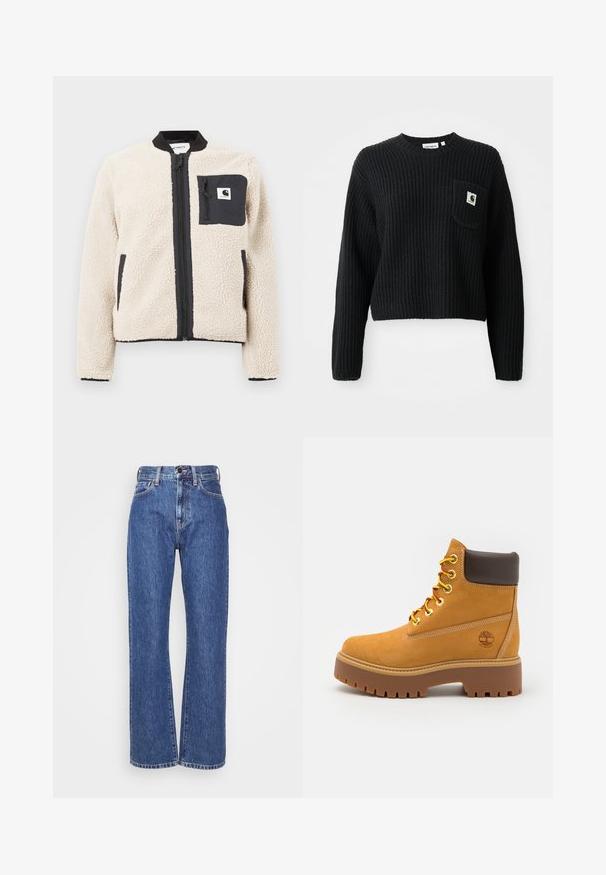 Beige Fleece-Jacke mit einem schwarzen Reißverschluss und Tasche. Sie verfügt über eine weiche Textur, einen gerippten Kragen und elastische Ärmelbündchen. Mit einem Logo-Patch auf der Brust.; Schwarzer gerippter Strickpullover mit rundem Ausschnitt, langen Ärmeln und einer Fronttasche mit einem kleinen Logopatch. Verkürzte Länge.; Blaue Denim-Jeans mit weitem Bein, hoher Taille, Kontrastnähten und klassischem Fünf-Taschen-Design. Strukturierter Stoff mit glatter Oberfläche.; Beige, wasserdichte Stiefelette mit einer robusten Gummisohle, runder Zehenpartie, braunem Lederkragen, gelben Schnürsenkeln und einem Logo an der Seite.