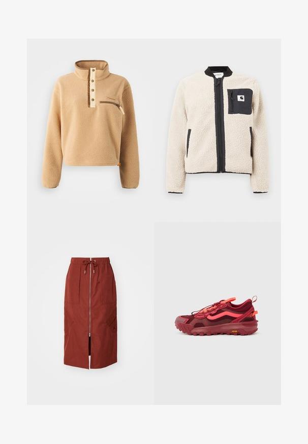 Beige fleecjas met een zwarte rits en zak. Beschikt over een zachte textuur, een geribde kraag en elastische manchetten. Inclusief een logo-opdruk op de borst.; Beige fleece pullover met een hoge kraag, halve knoopsluiting en een ritszak aan de linkerborst. Getextureerde stof met bruine accenten.; Mid-length rok in terracotta rood, met een rits aan de voorkant, een elastische tailleband met trekkoord en zijzakken met een geometrisch ontwerp.; Rode en bordeaux trailrunningschoen met robuuste Vibram-zool, neon koraalkleurige accenten en trek-lussen op de tong en hiel tegen een grijze achtergrond.