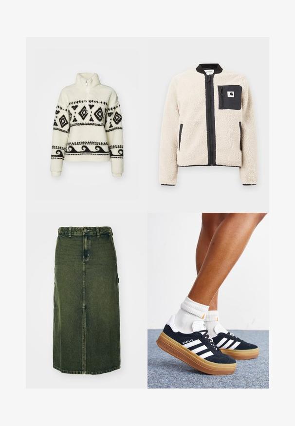 Veste en polaire beige avec une fermeture éclair et une poche noires. Présente une texture douce, un col côtelé et des poignets élastiques. Comprend un patch logo sur la poitrine.; Pull-over en polaire crème avec des motifs tribaux noirs. Doté d'un col zippé mi-hauteur et de manches longues. Texture douce et coupe décontractée.; Jupe en denim vert avec une coupe mi-longue, fente à l'avant, fermeture à boutons et passants de ceinture. Sa texture est légèrement délavée, avec des poches latérales.; Jambes portant des chaussettes blanches et des baskets Adidas Gazelle noires avec des bandes blanches et des semelles épaisses marron sur un sol recouvert de moquette grise.