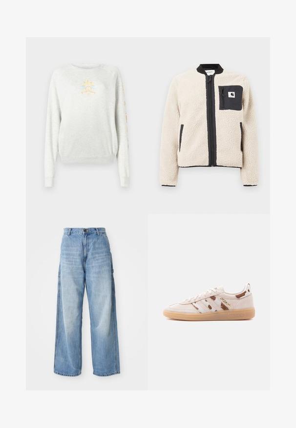 Beige fleecejakke med sort lynlås og lomme. Har en blød tekstur, ribbet krave og elastiske manchetter. Inkluderer en logo-patch på brystet.; Lys grå sweatshirt med ribbede manchetter og kant. Har et solgrafik i gul og blå på forsiden og farverig tekst på ærmet.; Lysblå vidde jeans med høj talje, der har sidelommer og en falmet struktur, lavet af denim materiale.; Beige lavt snøresko i ruskind med gummisål, brun- og hvidstribet mønster, "SPEZIAL" i guldbogstaver på siden.