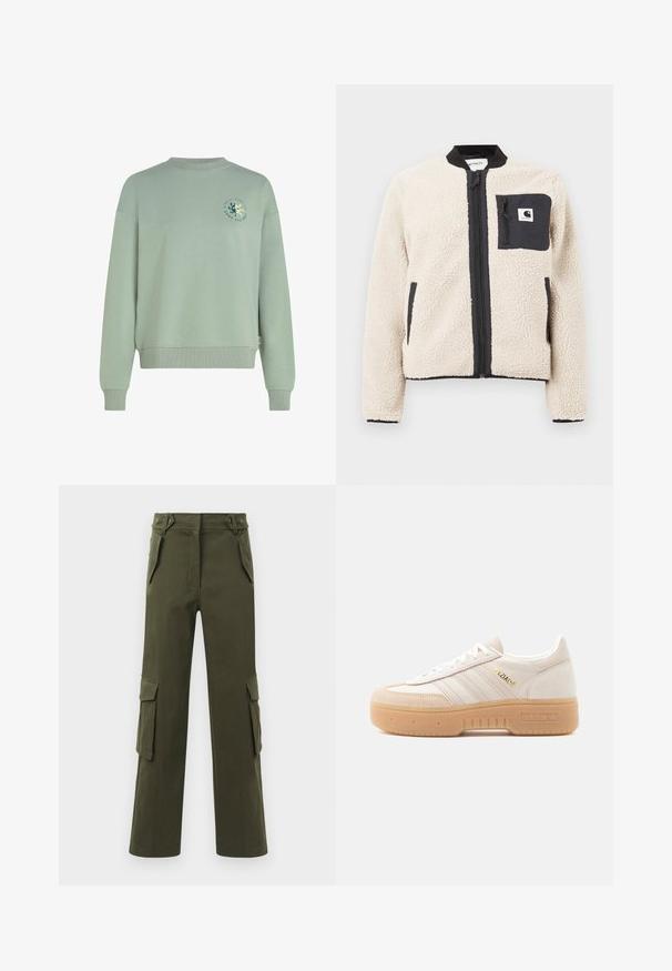 Veste en polaire beige avec une fermeture éclair et une poche noires. Présente une texture douce, un col côtelé et des poignets élastiques. Comprend un patch logo sur la poitrine.; Sweat-shirt vert clair à col rond, manches longues, poignets et ourlet côtelés. Présente un logo circulaire avec texte sur la poitrine.; Pantalons cargo verts olive en coton, avec un design à jambe droite, deux poches latérales et deux poches cargo sur chaque jambe.; Baskets Adidas Spezial en cuir blanc cassé avec semelle plateforme en caoutchouc gomme, bandes blanches, logo doré et bout en daim, vue latérale sur fond blanc.