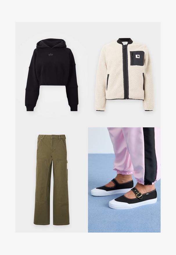 Beige fleecjas met een zwarte rits en zak. Beschikt over een zachte textuur, een geribde kraag en elastische manchetten. Inclusief een logo-opdruk op de borst.; Korte zwarte hoodie van zachte stof met een geribde tailleband, oversized mouwen en een subtiele logo in het midden op de borst.; Olijfgroene cargobroek gemaakt van duurzaam materiaal, met wijde pijpen, meerdere zakken en metalen hardware accenten voor extra functionaliteit.; Zwarte canvas schoenen met een witte zool, met een uitgesneden ontwerp en een gouden gespband. Draagt met roze joggingsbroek.
