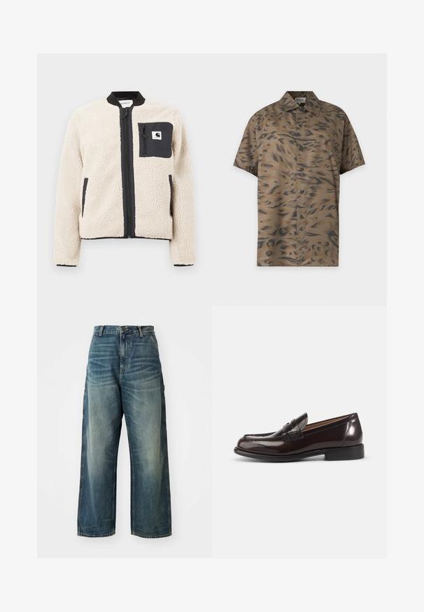 Veste en polaire beige avec une fermeture éclair et une poche noires. Présente une texture douce, un col côtelé et des poignets élastiques. Comprend un patch logo sur la poitrine.; Chemise marron à manches courtes avec boutons, imprimé animal abstrait noir et petit logo brodé sur la poitrine gauche.; Jean en denim à jambes larges en délavé bleu. Présente une fermeture à bouton, cinq poches et des coutures visibles. Le matériau a une texture lisse.; Mocassin penny pour homme en cuir brun foncé poli avec talon bas et détails cousus sur fond blanc.