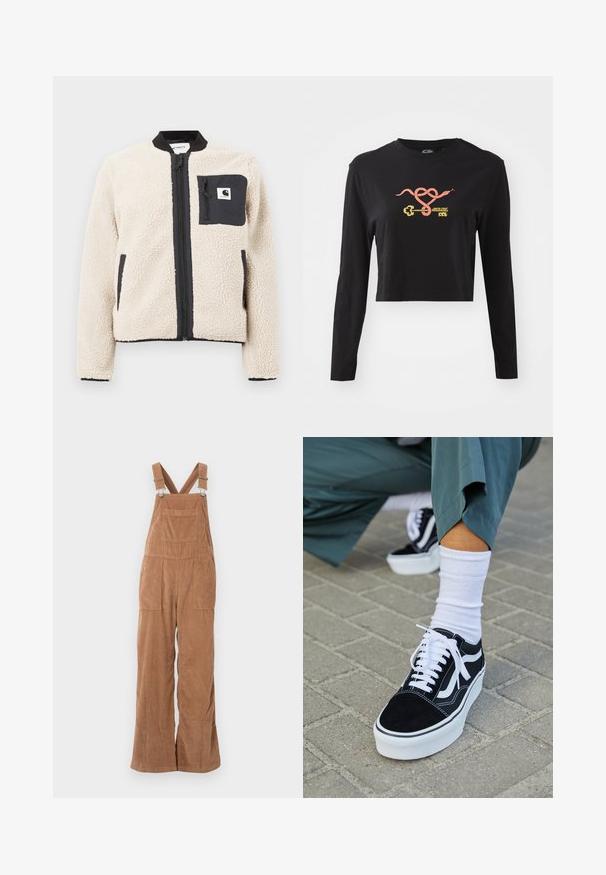 Bež fliiskunstnik musta tõmblukuga ja taskuga. Omab pehmet tekstuuri, soonikkoes kaelust ja elastseid mansette. Rinnas on logo pael.; Must mustraum hiigelvarrukatega crop-top 100% puuvillast. Ees on värvikas graafika kägist ja võtme motiiviga. Lihtne ümar kaelusdisain.; Prunixilla puuvillased kombinesoonid laialdaste jalgadega, reguleeritavate rihmadega ning esiküljel taskuga. Pehme tekstuur vertikaalse soonikuga.; Mustjad sametist tennisjalanõud valgete aktsentide ja nööridega, millel on paks valge tald ja kontrastsed õmblused, koos valge sokiga.