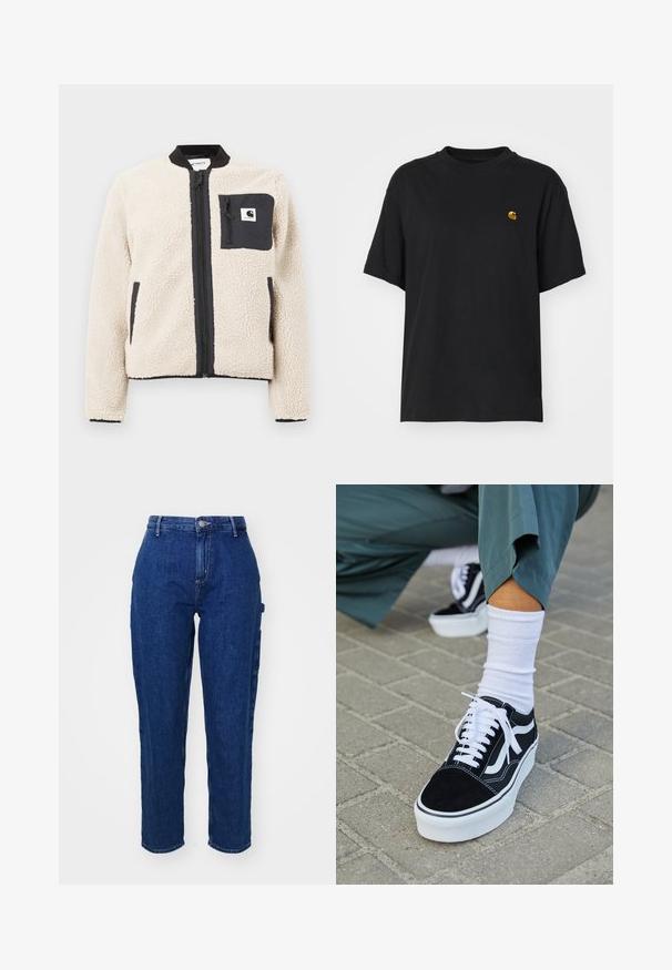 Beige fleecejakke med sort lynlås og lomme. Har en blød tekstur, ribbet krave og elastiske manchetter. Inkluderer en logo-patch på brystet.; Sort bomulds T-shirt med en afslappet pasform. Har en rund halsudskæring og korte ærmer. Inkluderer et lille guld broderet logo på brystet.; Mørkeblå denim jeans med høj talje, lige ben, frontknaplukning og sidelommer. Glat tekstur med en let stræk.; Sorte ruskinds sneakers med hvide accenter og snørebånd, der har en tyk hvid sål og kontrasterende syninger, parret med en hvid sok.