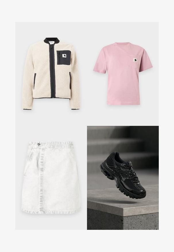 Beige fleecejakke med sort lynlås og lomme. Har en blød tekstur, ribbet krave og elastiske manchetter. Inkluderer en logo-patch på brystet.; Lyserød T-shirt med korte ærmer og en lomme på venstre bryst med et lille Carhartt-logo.; Denim nederdel i lysegrå. A-line design med frontlommer, en synlig søm ned ad midten og en enkelt metalknap i taljen.; Sort Nike løbesko med mesh og syntetisk overdel, der svæver over en betonoverflade og trin i baggrunden.