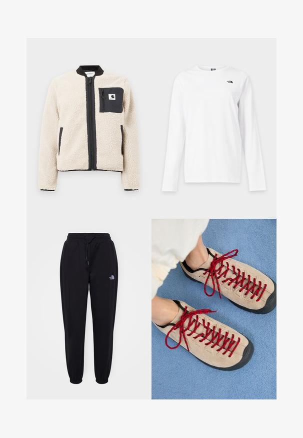 Beige fleecejakke med sort lynlås og lomme. Har en blød tekstur, ribbet krave og elastiske manchetter. Inkluderer en logo-patch på brystet.; Hvid langærmet T-shirt med rund hals og lille sort The North Face-logo på venstre bryst.; Sorte joggingbukser med elastisk talje og manchetter, snoretræk, sidelommer og lille hvid The North Face-logo på højre lår.; Beige sko med røde snørebånd, placeret på en blå tekstureret overflade, delvist synliggørende en persons ankel. Skoene har et sporty design.
