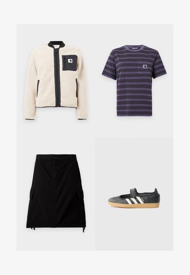 Beige fleecejakke med sort lynlås og lomme. Har en blød tekstur, ribbet krave og elastiske manchetter. Inkluderer en logo-patch på brystet.; Lilla stribet t-shirt med en lomme på venstre bryst, der har vandrette sorte striber. Blødt stof, korte ærmer, rund halsudskæring.; Sort cargo-nederdel lavet af bomuldsblandingsstof med lige snit, med sidelommer, forreste knaplukning og justerbar snor i kanten.; Sort læder- og ruskinds sneakers med en Velcro-rem, der har tre hvide striber og en gummisål, mærket "SAMBA" på siden.