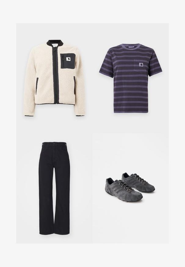 Beige fleecejakke med sort lynlås og lomme. Har en blød tekstur, ribbet krave og elastiske manchetter. Inkluderer en logo-patch på brystet.; Lilla stribet t-shirt med en lomme på venstre bryst, der har vandrette sorte striber. Blødt stof, korte ærmer, rund halsudskæring.; Sorte højtaljede bredbenede jeans med frontknap og lynlås, bæltestropper og to forlommer på hvid baggrund.; Sorte ruskind atletik sko med en tekstureret overflade, buet design og gummisåler. Har snører og vandrette striber på siderne.