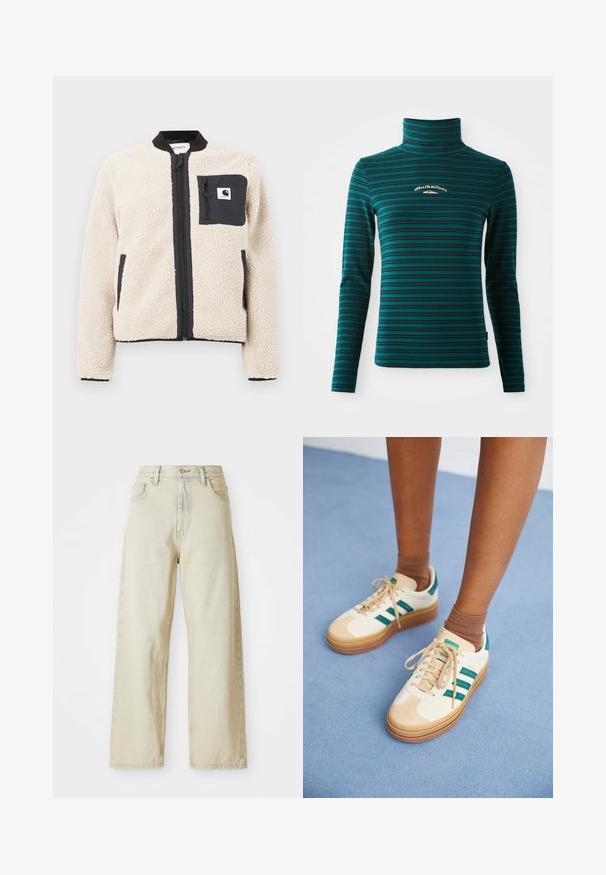 Beige fleecejakke med sort lynlås og lomme. Har en blød tekstur, ribbet krave og elastiske manchetter. Inkluderer en logo-patch på brystet.; Langærmet turtleneck top i teal med mørkeblå vandrette striber. Har et lille hvidt og guld logo på brystet. Blødt, strækbart stof.; Løse denimjeans i en lys beige nuance med forlommer, høj talje og subtile syninger. Fremstillet af struktureret denimstof.; Beige sneakers med mørkegrønne striber, gummisål, overdel i ruskind og tekstil samt neutralt hardware, parret med brune sokker på en lyseblå overflade.