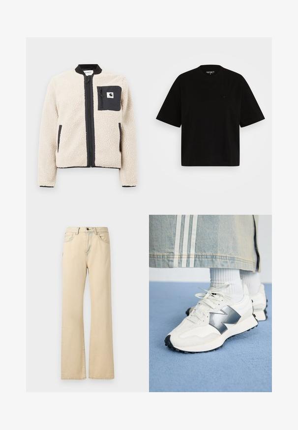 Beige fleecjas met een zwarte rits en zak. Beschikt over een zachte textuur, een geribde kraag en elastische manchetten. Inclusief een logo-opdruk op de borst.; Zwart katoenen t-shirt met een ontspannen pasvorm, korte mouwen, ronde hals en een klein logo-detail op de linkerkant van de borst.; Beige wijde jeans gemaakt van denimstof, met een hoge taille, voorzakken, een knoopsluiting en contrasterende stiksels.; Witte sport sneakers met een zilveren accent, textiel en glad leer; met een zwarte rubberen zool en veters.