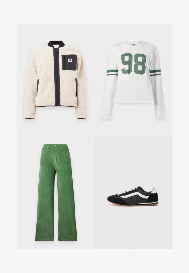 Veste en polaire beige avec une fermeture éclair et une poche noires. Présente une texture douce, un col côtelé et des poignets élastiques. Comprend un patch logo sur la poitrine.; Chemise blanche à manches longues avec le numéro 98 vert sur le devant et deux bandes vertes sur chaque manche.; Pantalon large en velours côtelé vert avec une finition texturée, cinq poches et fermeture à bouton en métal. Des rayures verticales soulignent le tissu.; Chaussure de sport noire avec tige en suède et textile, accents blancs, six œillets et semelle en caoutchouc. Forme élégante avec un profil bas.