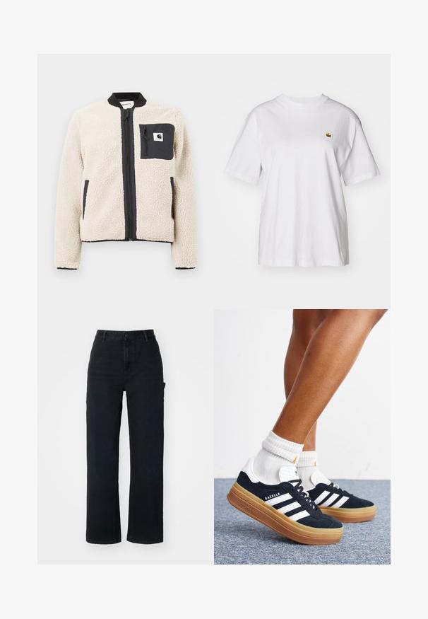 Beige fleecjas met een zwarte rits en zak. Beschikt over een zachte textuur, een geribde kraag en elastische manchetten. Inclusief een logo-opdruk op de borst.; Witte katoenen t-shirt met een relaxte pasvorm, korte mouwen en een klein geborduurd logo op de linkerborst.; Zwarte denim broek met een recht gesneden ontwerp, featuring een hoge taille, standaard knoopsluiting en zijzakken.; Ben met witte sokken en zwarte Adidas Gazelle sneakers met witte strepen en dikke bruine zolen op een grijs tapijt.