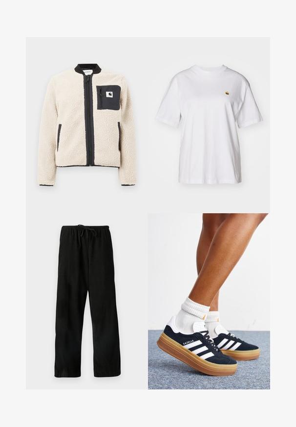 Veste en polaire beige avec une fermeture éclair et une poche noires. Présente une texture douce, un col côtelé et des poignets élastiques. Comprend un patch logo sur la poitrine.; T-shirt en coton blanc avec une coupe décontractée, des manches courtes et un petit logo brodé sur la poitrine gauche.; Pantalon noir à jambe large en tissu texturé, avec une taille élastique et un cordon de serrage pour un ajustement réglable. Aucun motif ni accent visible.; Jambes portant des chaussettes blanches et des baskets Adidas Gazelle noires avec des bandes blanches et des semelles épaisses marron sur un sol recouvert de moquette grise.