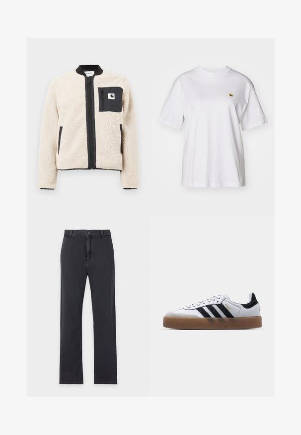 Beige fleecejakke med sort lynlås og lomme. Har en blød tekstur, ribbet krave og elastiske manchetter. Inkluderer en logo-patch på brystet.; Hvid bomulds-t-shirt med en afslappet pasform, korte ærmer og et lille broderet logo på venstre brystområde.; Straight-leg sorte jeans med forreste knap- og lynlåslukning, bæltestropper og klassisk fem-lommer design, lagt fladt på hvid baggrund.; Hvide lædersneakers med sorte striber, gummirubber sål, rund tå, snørelukning og blød grå ruskinds tåhætte.