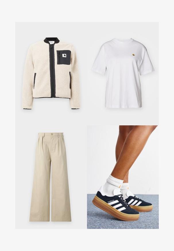 Veste en polaire beige avec une fermeture éclair et une poche noires. Présente une texture douce, un col côtelé et des poignets élastiques. Comprend un patch logo sur la poitrine.; T-shirt en coton blanc avec une coupe décontractée, des manches courtes et un petit logo brodé sur la poitrine gauche.; Pantalons larges beiges en coton, avec des plis, une fermeture à bouton et des poches latérales, au toucher lisse et doux.; Jambes portant des chaussettes blanches et des baskets Adidas Gazelle noires avec des bandes blanches et des semelles épaisses marron sur un sol recouvert de moquette grise.