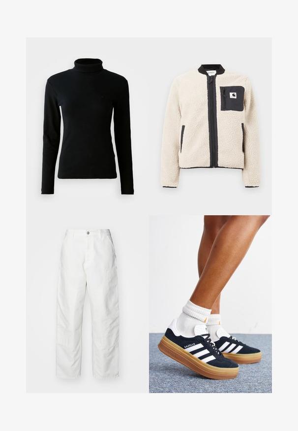 Veste en polaire beige avec une fermeture éclair et une poche noires. Présente une texture douce, un col côtelé et des poignets élastiques. Comprend un patch logo sur la poitrine.; Pull en maille côtelée noir à manches longues et col roulé avec une silhouette ajustée sur un fond blanc uni.; Pantalons cargo blancs en denim, avec une coupe décontractée, des poches latérales et des détails de couture visibles. Devant uni avec une fermeture à bouton.; Jambes portant des chaussettes blanches et des baskets Adidas Gazelle noires avec des bandes blanches et des semelles épaisses marron sur un sol recouvert de moquette grise.