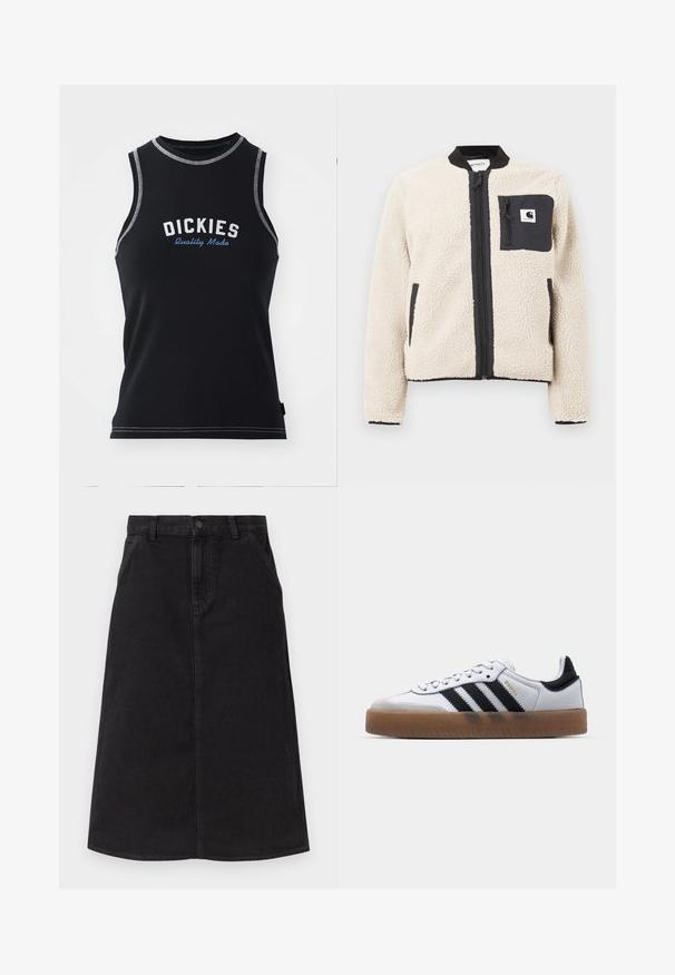 Beige fleecejakke med sort lynlås og lomme. Har en blød tekstur, ribbet krave og elastiske manchetter. Inkluderer en logo-patch på brystet.; Sort ærmeløs tanktop med grå syninger. Har "DICKIES" logo i hvid og blå. Lavet af et glat, strækbart stof.; Sort knælængde denimnederdel med forlommer, bæltestropper og en central sømdetalje.; Hvide lædersneakers med sorte striber, gummirubber sål, rund tå, snørelukning og blød grå ruskinds tåhætte.