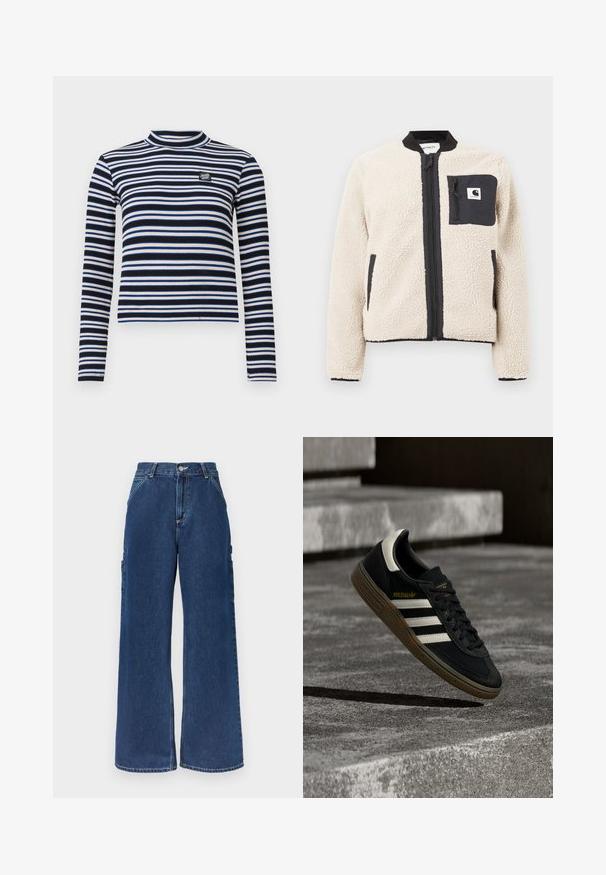 Beige fleecjas met een zwarte rits en zak. Beschikt over een zachte textuur, een geribde kraag en elastische manchetten. Inclusief een logo-opdruk op de borst.; Zwart-wit gestreepte lange mouw top met hoge hals, geribbelde textuur, met blauwe en beige accenten en een klein logo op de borst.; Donkerblauwe denim jeans met hoge taille en wijde pijpen, voorzien van steekzakken aan de voorkant, zijzakken en een knoop-ritssluiting.; Zwarte Adidas sneaker met witte strepen en gumzool die boven grijze betonnen trappen zweeft in natuurlijk licht.