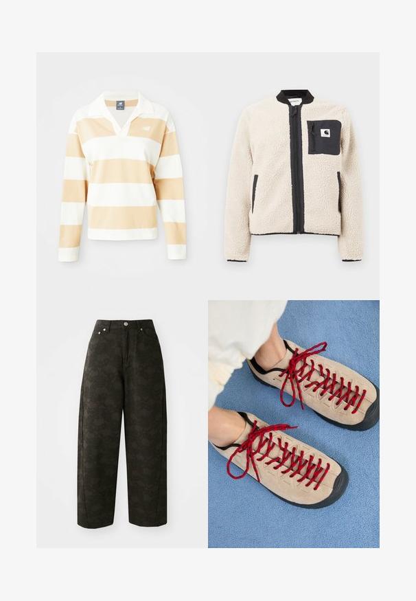Beige fleecjas met een zwarte rits en zak. Beschikt over een zachte textuur, een geribde kraag en elastische manchetten. Inclusief een logo-opdruk op de borst.; Langarm poloshirt in wit met lichtbruine strepen. Voorzien van een kraag, zachte stof en een klein logo op de linkerborst.; Donkergroene wijde broek met een gestructureerd bloempatroon, vijf zakken en metalen knoopsluitingen in de taille.; Beige schoenen met rode veters, geplaatst op een blauwe, gestructureerde ondergrond, onthullen gedeeltelijk de enkel van een persoon. De schoenen hebben een sportief ontwerp.