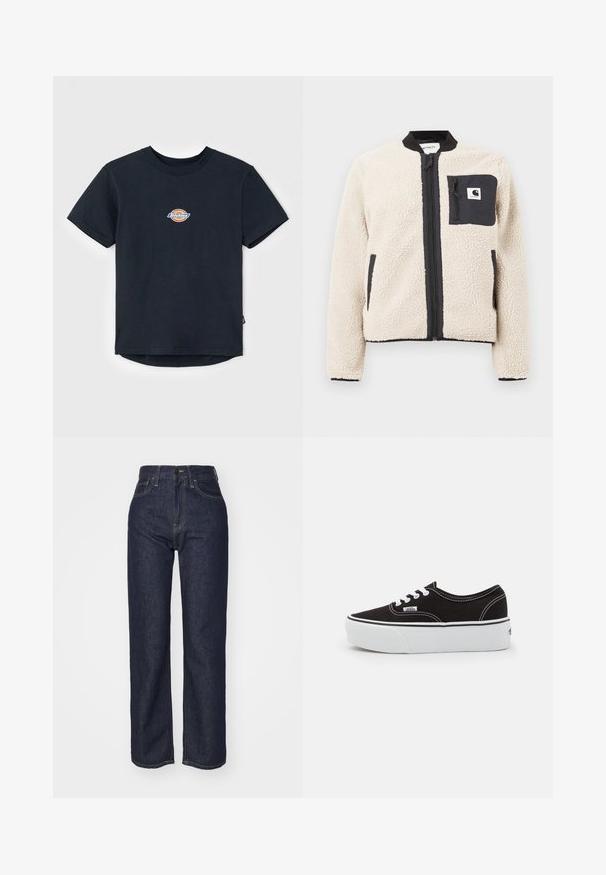 Beige fleecejakke med sort lynlås og lomme. Har en blød tekstur, ribbet krave og elastiske manchetter. Inkluderer en logo-patch på brystet.; Sort bomulds t-shirt med korte ærmer, rund hals og et lille flerfarvet logo på brystet. Lige kant med en let længere ryg.; Mørkeblå denim højtaljede jeans med lige ben, synlig syning, fem lommer og lukning med knap foran.; Sort lærred sneakers med en hvid gummi platform sål, der har hvide snørebånd og syninger, ikonisk branding på siden, lav-top design.