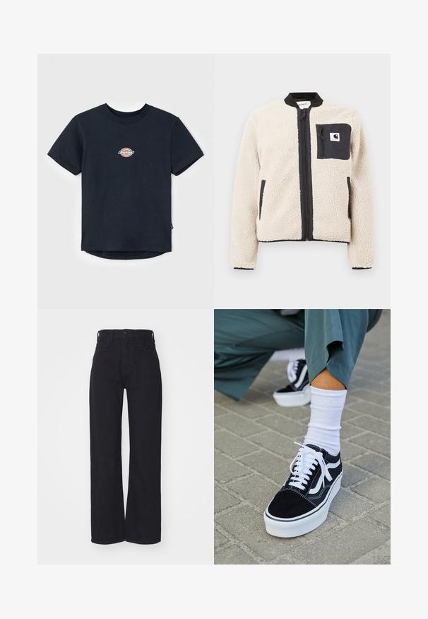 Beige fleecjas met een zwarte rits en zak. Beschikt over een zachte textuur, een geribde kraag en elastische manchetten. Inclusief een logo-opdruk op de borst.; Zwarte katoenen t-shirt met korte mouwen, ronde hals, en een klein multikleurig logo op de borst. Rechte zoom met een iets langere achterkant.; Zwarte hoge taille wijdlopende jeans met een sluiting aan de voorkant met knoop en rits, ceintuurlussen en twee voorzakken op een witte achtergrond.; Zwarte suède sneaker met witte accenten en veters, uitgerust met een dikke witte zool en contrasterende stiksels, gecombineerd met een witte sok.