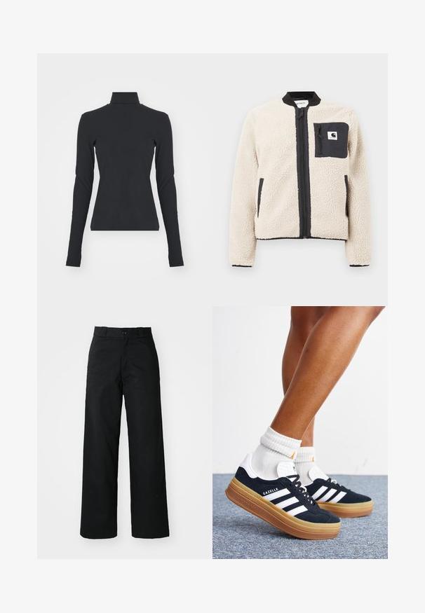 Beige fleecjas met een zwarte rits en zak. Beschikt over een zachte textuur, een geribde kraag en elastische manchetten. Inclusief een logo-opdruk op de borst.; Zwarte geribbelde coltrui met lange mouwen, nauwsluitende pasvorm, gladde textuur en subtiele rek, ontworpen voor comfort en laagjes.; Zwarte wijde broek met een vlakke voorkant, knoopsluiting en riemlussen. Gemaakt van stevige stof met een gladde textuur.; Ben met witte sokken en zwarte Adidas Gazelle sneakers met witte strepen en dikke bruine zolen op een grijs tapijt.