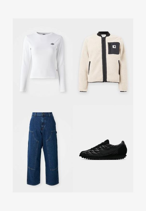 Beige fleecjas met een zwarte rits en zak. Beschikt over een zachte textuur, een geribde kraag en elastische manchetten. Inclusief een logo-opdruk op de borst.; Witte longsleeve shirt gemaakt van ribbelstof. Bevat een klein zwart logo op de borst. Aangesneden ontwerp met een ronde hals.; Donkerdenim wijde jeans met hoge taille, voorzien van grote voorzakken en contrasterende stiksels. De stof heeft een lichte textuur.; Zwarte sportieve schoen met een gestructureerde bovenkant met diamanten patronen, gladde leren accenten en een rubberen zool met kleine nopjes.
