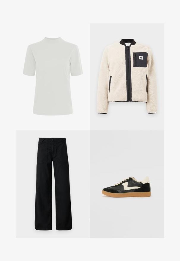 Veste en polaire beige avec une fermeture éclair et une poche noires. Présente une texture douce, un col côtelé et des poignets élastiques. Comprend un patch logo sur la poitrine.; ICHI IHRANIA SHORT SLEEVE - T-shirt basique - cloud dancer; Pantalons larges noirs avec une texture lisse, dotés d'une fermeture à bouton et de poches avant avec des coutures décoratives et des détails en œillets.; Baskets en daim et cuir noir avec un swoosh latéral crème et un talon crème clair. Dotées de lacets beige et d'une semelle en caoutchouc gomme.