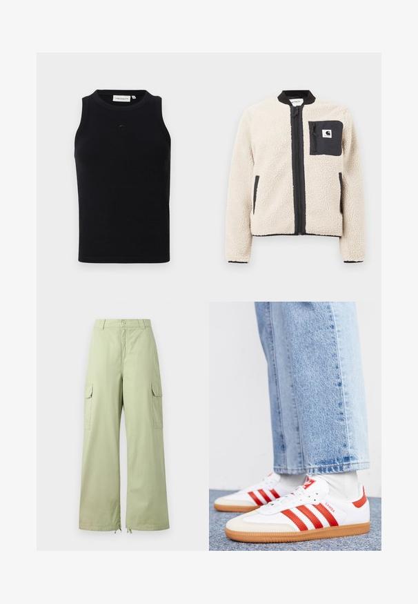 Veste en polaire beige avec une fermeture éclair et une poche noires. Présente une texture douce, un col côtelé et des poignets élastiques. Comprend un patch logo sur la poitrine.; Débardeur noir sans manches en tissu côtelé, avec un col rond et un petit logo à l'avant. Design simple et ajusté.; Pantalons cargo vert clair avec jambes larges, en coton. Présente deux poches latérales et une fermeture à bouton. Texture lisse et design décontracté.; Baskets en cuir blanc avec des rayures et des accents rouges. Dotées d'une semelle extérieure en gomme texturée et d'un col rembourré. Portées avec un jean en denim bleu clair.