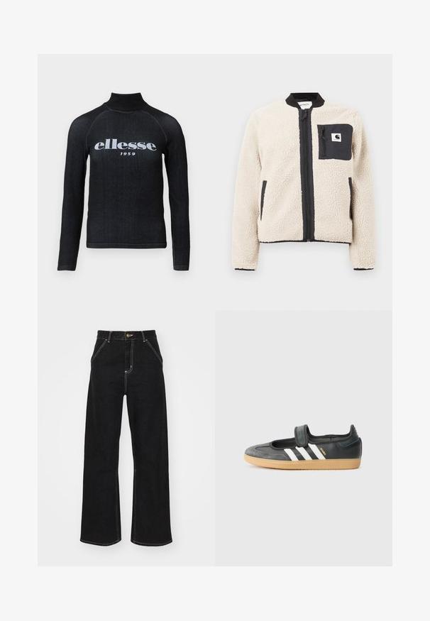 Beige fleecjas met een zwarte rits en zak. Beschikt over een zachte textuur, een geribde kraag en elastische manchetten. Inclusief een logo-opdruk op de borst.; Zwarte longsleeve top met een hoge kraag, voorzien van een witte bedrukte "ellesse 1959" logo op de borst; zachte, rekbare stof.; Zwart wijde jeans gemaakt van denim. Voorzien van contrasterende witte stiksels, voorkanten zakken en een knoopsluiting in de taille.; Zwarte leren en suède sneaker met een klittenbandsluiting, voorzien van drie witte strepen en een gumzool, met de naam "SAMBA" aan de zijkant.