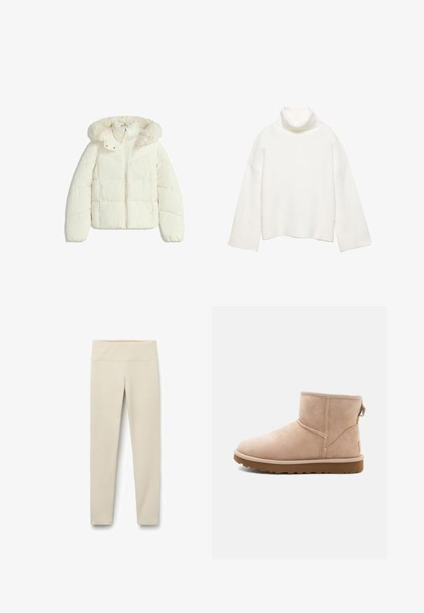 Cremefarvet pufferjakke med lynlås foran og en fluffy pelsforet hætte, designet til varme og vinterbrug.; Hvid rullekrave sweater lavet af blødt stof, med en afslappet pasform, sænkede skuldre og brede ribstrikkede manchetter og kant.; Beige leggings med en høj, bred talje, lavet af et blødt, strækbart stof. Lige ben-design uden synlige sømme eller mønstre.; Beige ruskindsankelstøvle med rund tå, synlige sting og en tekstureret brun gummisål. Har en træksløjfe på bagsiden.